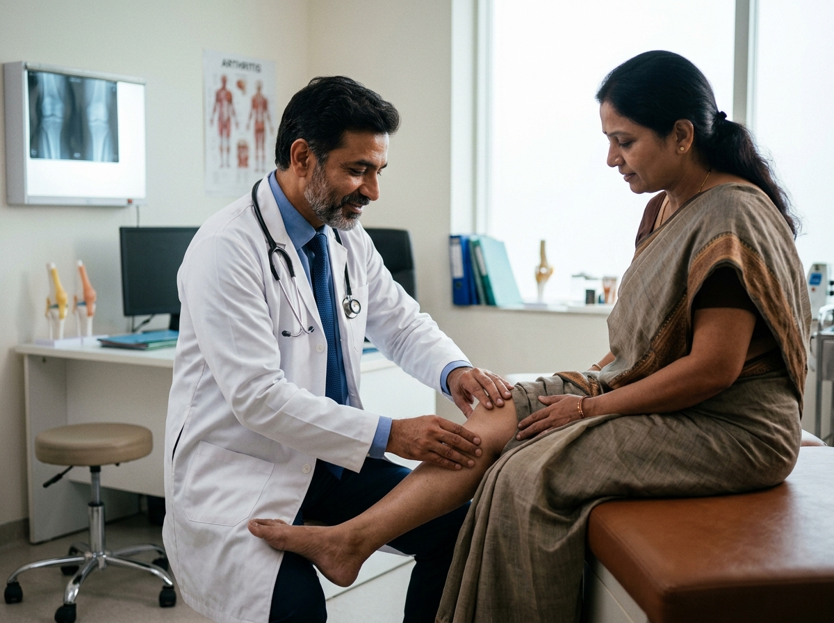 Orthopaedic specialist examining knee joint during consultation