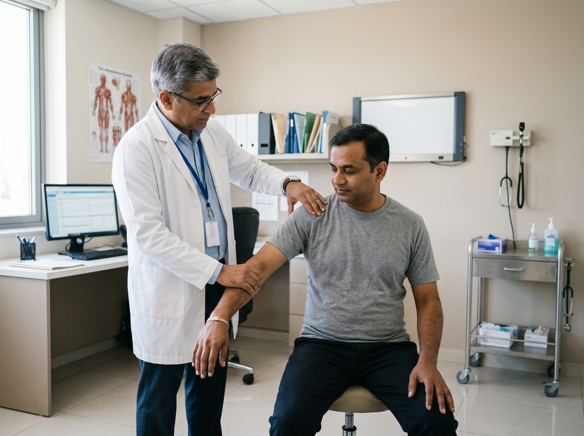 Orthopaedic specialist examining shoulder range of motion and rotator cuff function